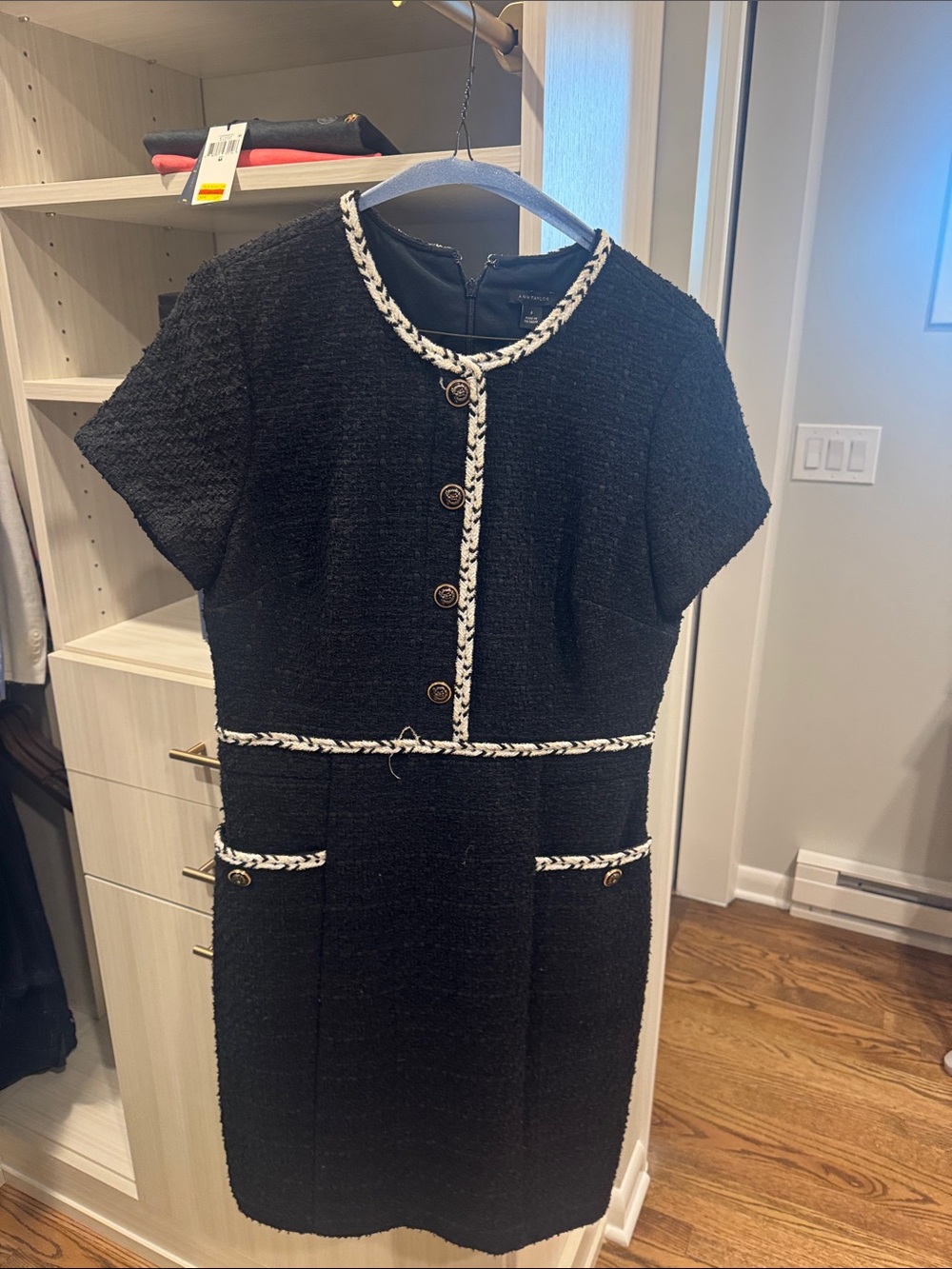Ann Taylor Black Tweed Midi Dress with White Braid Trim